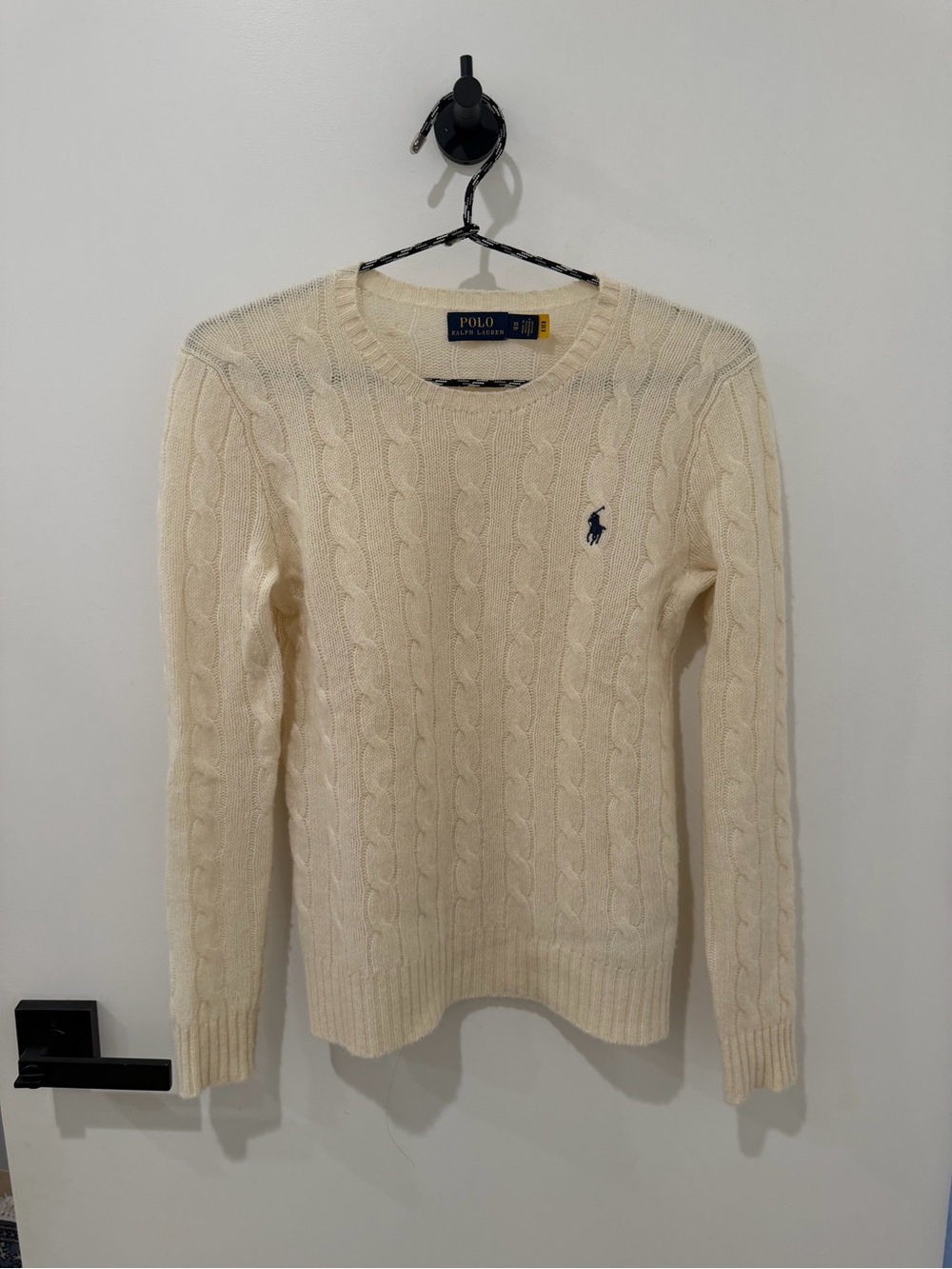 Polo by Ralph Lauren Cream Cable-Knit Crewneck Sweater with Navy Pony